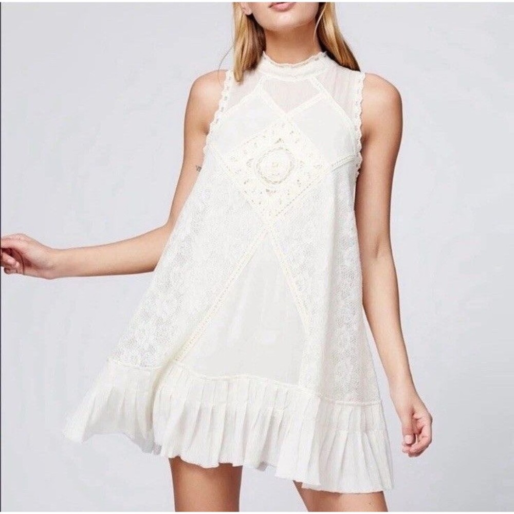 Free People XS Angel Lace Dress Mini Ivory Shift Patchwork Boho Romantic